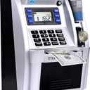 ATM Piggy Bank for Real Money for Kids Adults,Toy Money Bank with Card,Password,Coin Recognition,Bill Feeder,Balance Calculator,Electronic Money Safe Coin Box,Hot Gift for Boys Girls (Silver/Black)