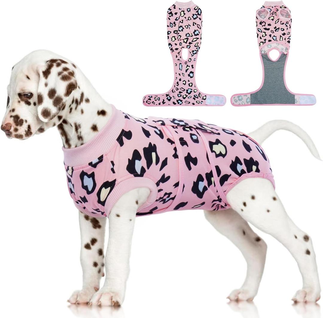 FUAMEY Recovery Suit for Dogs After Surgery,Soft Breathable Dog Bodysuit E-Collar & Cone Alternative Surgical Suit,Male Female Dog Neuter Spay Suits Anti Licking Wounds Onesie Pink Leopard S (S (Back:11.4-13.4'', Weight:7-15 LB))
