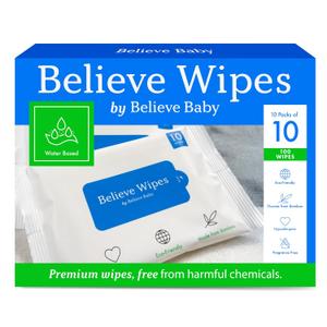Believe Viscose Bamboo Baby Wipes Travel-Size 10pc-10 packs, Multi-Use Water Based Wipes Baby Sensitive Skin, Hypoallergenic and Fragrance Free for Babies  Gentle Plant-Based Viscose Bamboo Wet Wipe
