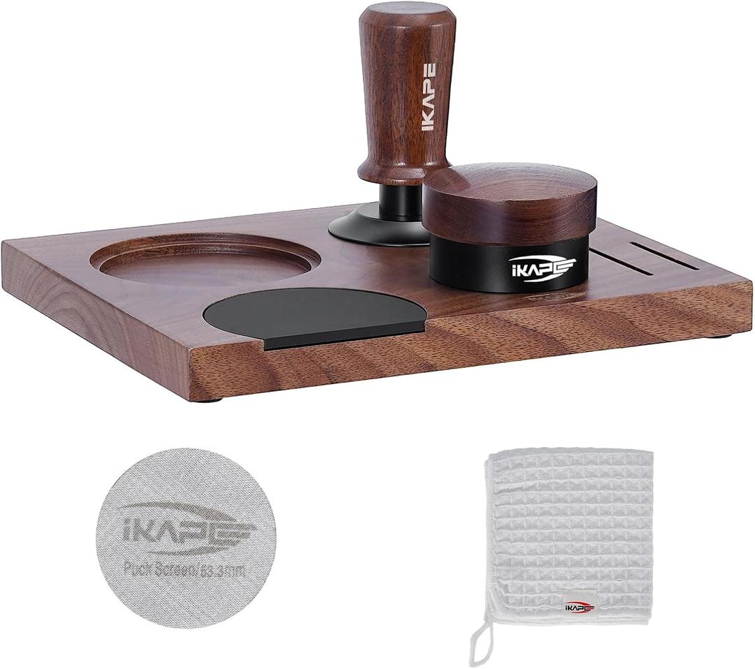 IKAPE 58MM Coffee Tamper Set 5 IN 1, Walnut Wood Espresso Tamper, Espresso Distributor, Tamper Base, Puck Screen, Cleaning Towel Set, Perfect for Everyday Use, Stylish, Functional Coffee Accessories (Brown)