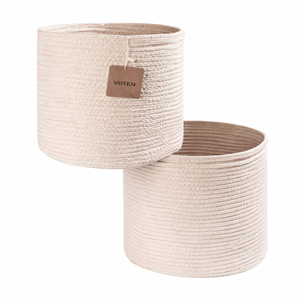 Voten Storage Cubes Baskets Bins Organizer 11x11x11'' Fit 12x12''Cube Storage Organizer Bookcases Shelf, Durable Woven Cotton Storage Basket for Organizing, Round,2 Pack, Off White