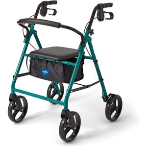 Medline Steel Rollator Walker for Adult Mobility Impairment, Green, 350 lb. Weight Capacity, 8 Wheels, Foldable, Adjustable Handles, Rolling Walker for Seniors