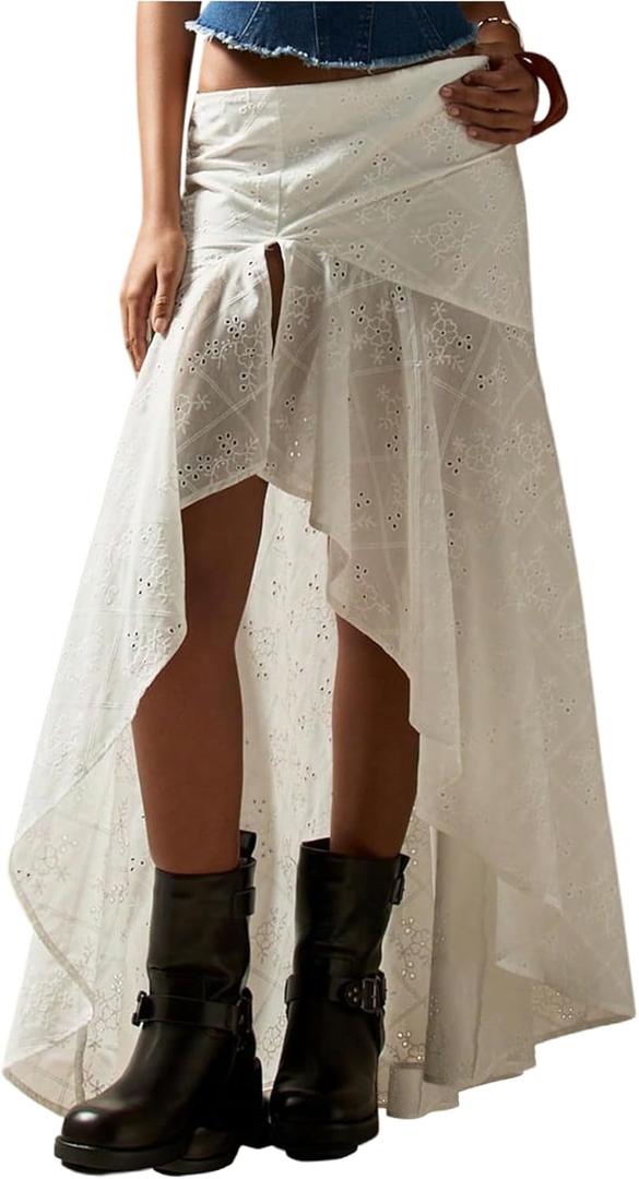 MakeMeChic Women's Ruffle Maxi Skirts Low Waist Asymmetrical Eyelet High Low Western Long Skirts, White XL