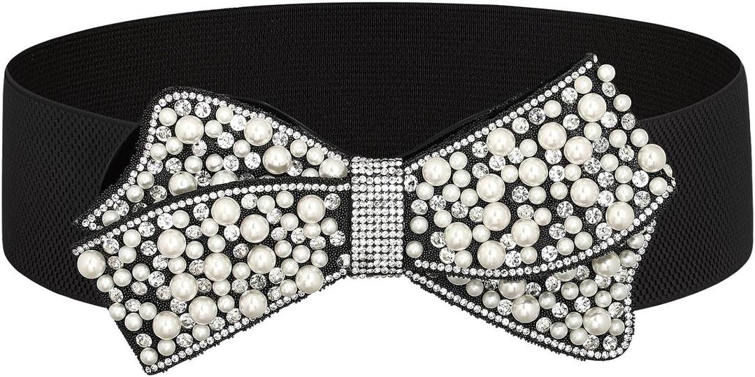 Elastic Pearl Belt Women Black Rhinestone Bow Tie Stretch Belts Sparkly Crystal Wide Waist Belts for Dress (S:Fits Waist 27-32 Inches)