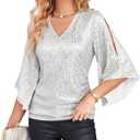 Women Sequin Tops 3/4 Sleeve Glitter Glitter Party Blouse V Neck Elegant Tops for Evening Party Top Women White M