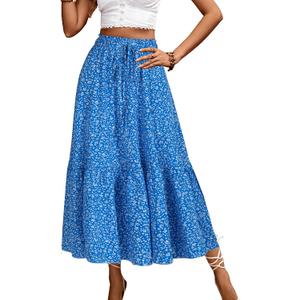 Long Skirts for Women High Elastic Waist Skirt Casual Summer Fake Drawstring Floral Pleated A Line Boho Cute Skirts 8627 (Medium, Blue Dot)
