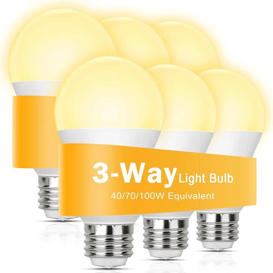 3 Way Light Bulbs 40 70 100W Incandescent Equivalent, LED Dimmable 4/8/12W Three Way Light Bulbs, Soft White 3000K, E26 Medium Base A19 3 Way Bulb for Floor Lamp Desk Lamp Table Lamp Reading, 6-Pack