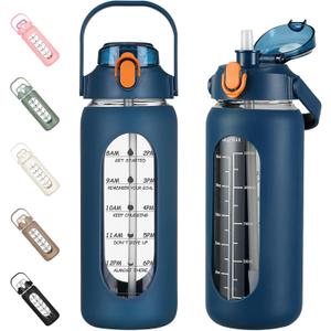 kytffu 56oz Glass Water Bottles with Straw, Motivational Glass Bottle with Silicone Sleeve and Time Marker, Leakproof Large Glass Water Jug for Gym Home Office,Blue