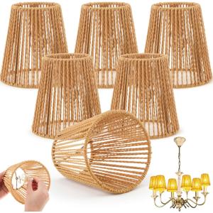 Riakrum 6 Pcs Chandelier Lamp Shades Set Small Lamp Shade for Pendant Wall Ceiling Lights Candle Bulbs Clip on Fitter Lampshade (Rattan,Brown)