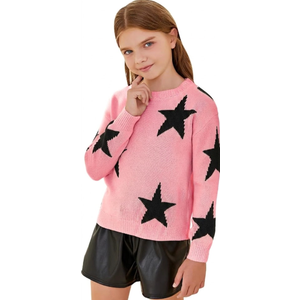 WDIRARA Girl's Star Printed Round Neck Long Sleeve Sweater Casual Drop Shoulder Pullover Knitwear (Pink), 13-14Y