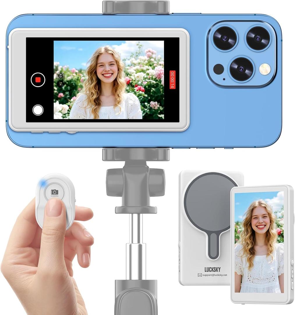 Vlog Selfie Monitor Screen iPhone, 4K 60fps Recording, Wireless Screen Mirroring with Remote Control, Magnetic Fixation, 180 Rotation, 3 Levels of Brightness, Compatible with iPhone & Android