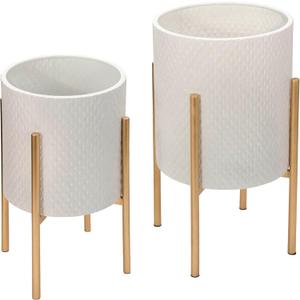 Sagebrook Home Set of 2 Metal Planters with Stands - Modern Decorative Iron Plant Holders for Home & Garden - Embossed Textured Finish - Sturdy Legs - 23", 19" White (14.0" H)