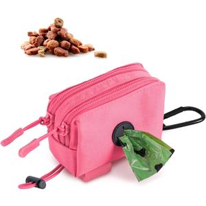 Dog Poop Bag Holder for Leashes, Pink Doggie Waste Bag Dispenser and Treat Holder, with Carabiner Hook and Poop Bag Clip, Used Waterproof Wear-Resistant Fabric and 2 Zippered Pouches for Walking