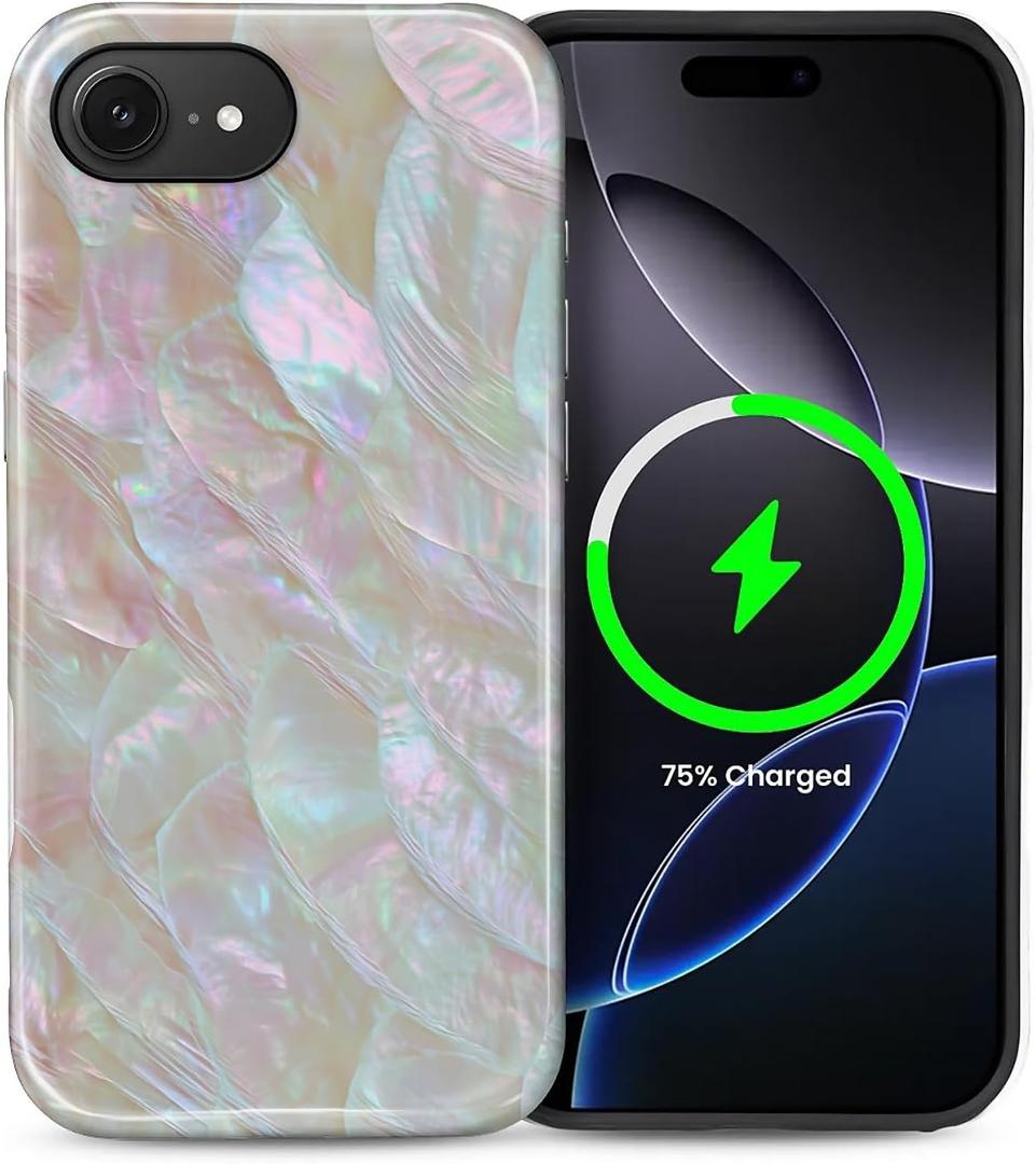 Magnetic Case for iPhone 16e,Compatible with MagSafe Mother of Pearl Shell Style Design Hybrid Dual Protection Silicone + Hard PC Shockproof Full Body Cover Case for Men Women