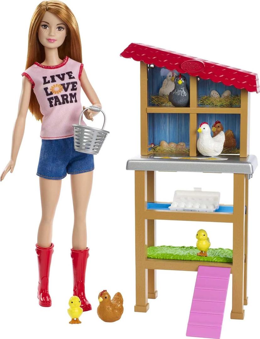Barbie Chicken Farmer Doll, Red-Haired, and Playset with Henhouse, 3 Chickens, 2 Chicks and More, Career-Themed Toy for 3 to 7 Year Olds