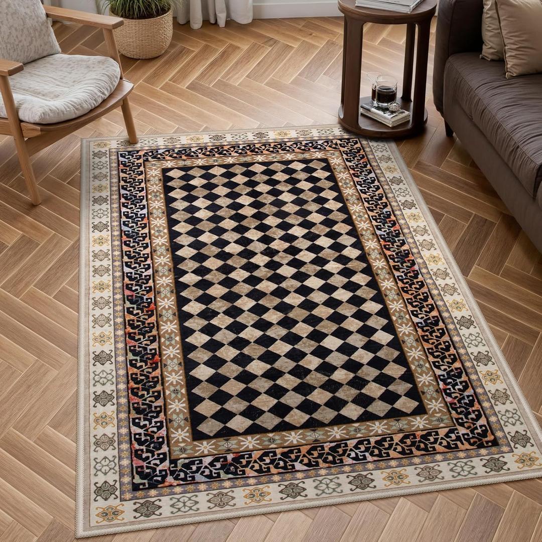 Wonnitar Washable 3x5 Checkered Kitchen Rug, Black and Brown Trellis Rugs for Bedroom, Stain Resistant Non Slip Funky Carpet Throw Rugs for Bathroom Entryway Laundry Living Room Home Decor(Black,3x5)