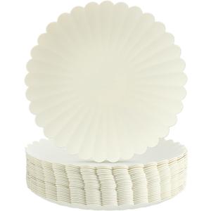 Jinei 24 Pack Daisy Dinner Plastic Plates 9 Inch Round Matte Cream Reusable Scalloped Daisy Plates Dessert Dishes for Birthday Wedding Baby Shower Party Decoration