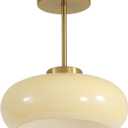 BOKT Large Yellow Glass Semi Flush Mount Ceiling Light Antique Brass Ceiling Light Dome Glass Close to Ceiling Light Vintage Ceiling Light Fixture Cream Schoolhouse Single Ceiling Lamp, BC1125-Y