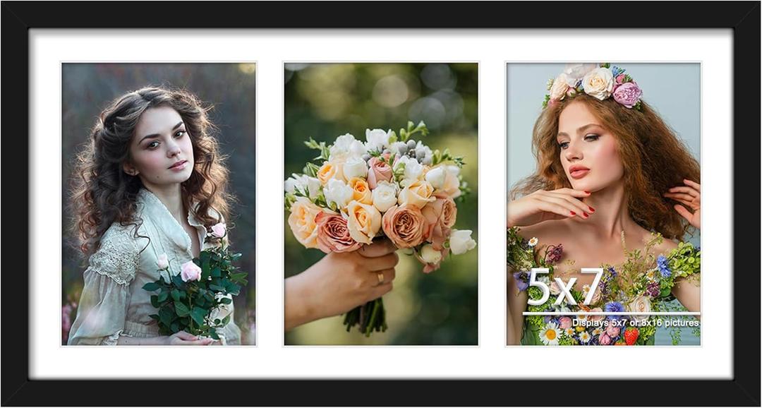 DUENPY 8x16 Collage Picture Frame, 5x7 Collage Picture Frame Displays Three 5x7 inch Photos, or 8x16 (Without Mat) for Available Horizontal Wall Mounting Display and Vertical, Black