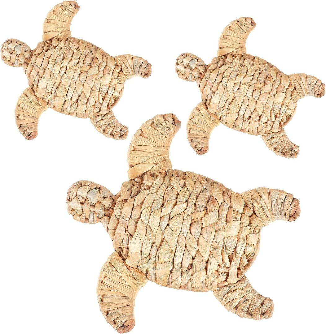 3 Pcs Turtle Beach Theme Decor 3 Size Handmade Wicker Turtle Wall Decor Sea Life Hanging Wall Art Coastal Nautical Sculpture Table Decoration for Boho Bathroom Indoor Outdoor Ornament