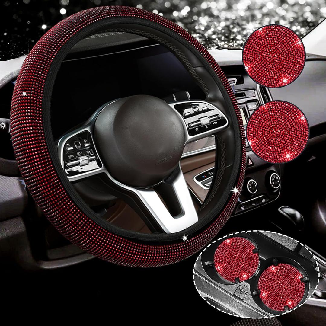 Red Steering Wheel Cover for Women Men Bling Bling Crystal Diamond Sparkling Universal Fit 14-15 Inch with 2PCS Anti Slip Crystal Rhinestone Car Coaster