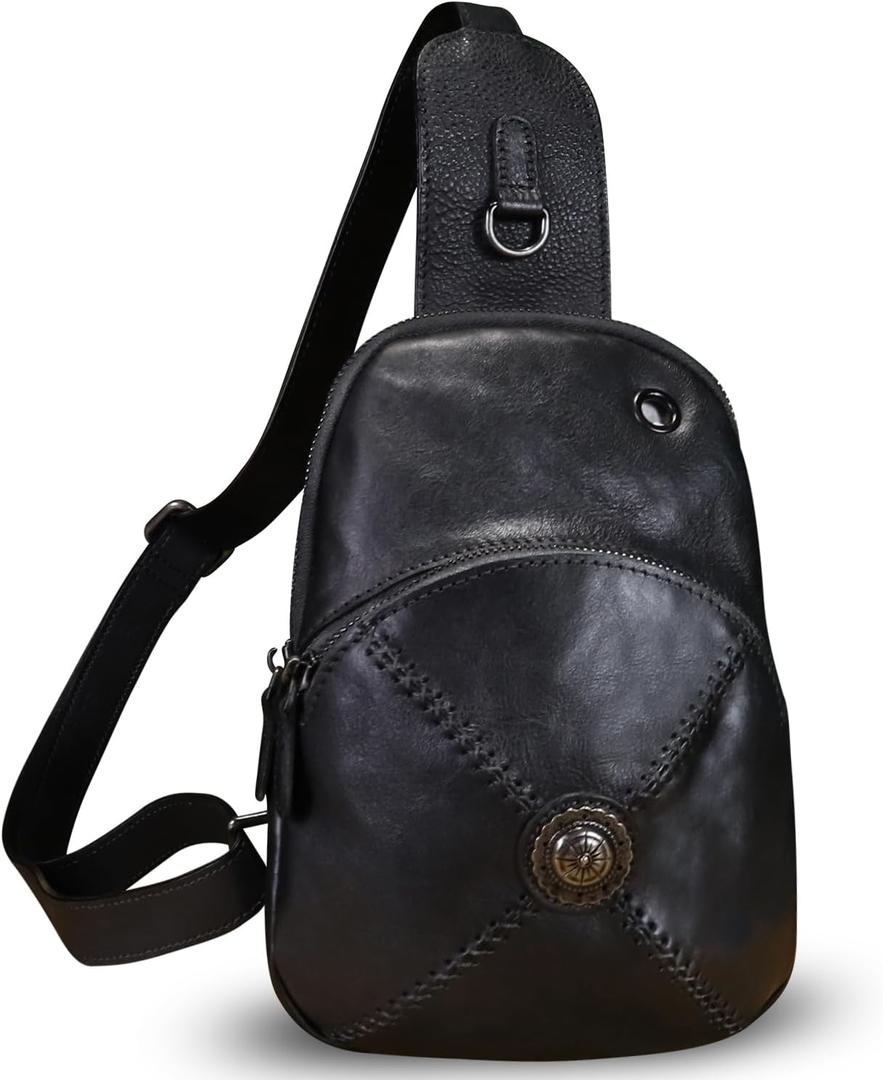 Genuine Leather Small Sling Bag for Women Crossbody Purse Handmade Hiking Daypack Retro Shoulder Backpack Vintage Chest Bags (Black)