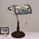 Tiffany Style Bankers Table Lamp Stained Glass Piano Desk Lamp Vintage Bedroom Bedside Lamp for Study,Antique Alloy Base,Zipper Switch,Blue Baroque