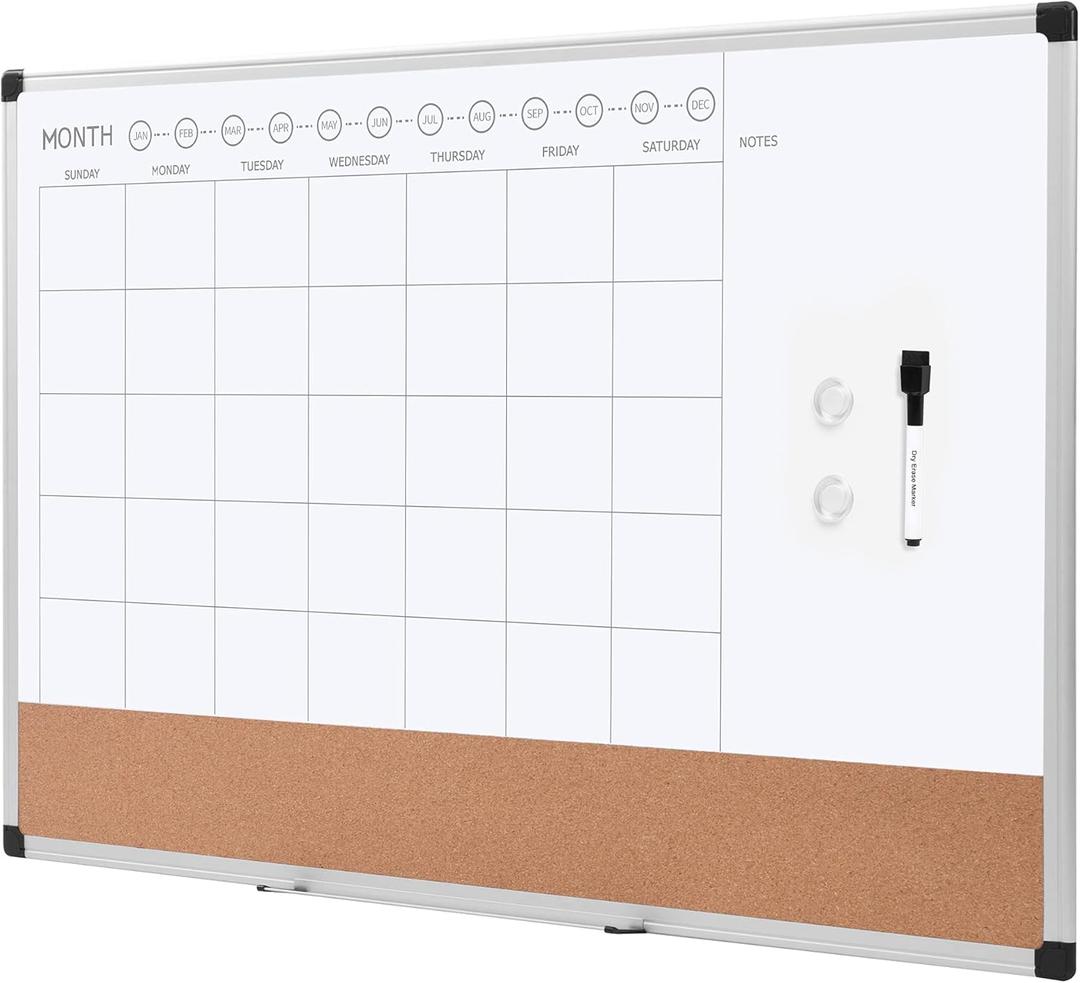 Amazon Basics 24" x 36" Monthly Whiteboard Calendar with Cork Board, Wall Mounted, Easy to Install, Silver Aluminum Frame, Erasable Planning Organization