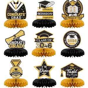 3 x 9PCS Black and Gold Graduation Decorations Honeycomb Centerpieces Graduation Decorations Class Of 2026 Table Toppers for Graduation Party Favors