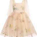 Flower Girl Floal Lace Tulle Dress Princess Backless Wedding Junior Bridesmaid Pageant Communion Dance Maxi Gown, Size 110