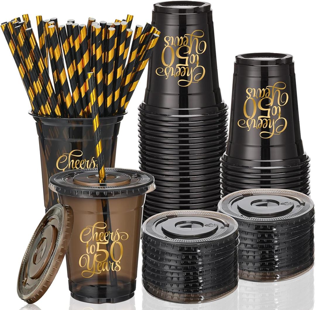 150 Pcs 50th Birthday Cups 12 oz Cheers to 50 Years Disposable Plastic Cups Black Gold Cold Beverage Drinking Tumblers Bulk for Men Women Birthday Wedding Anniversary Party Decorations Favors