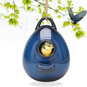 Kimdio Birdhouse Ceramic Hanging Birdhouses Bird Hut Hanging Outdoor Birdhouse for Wild Birds, Finch, Cardinal, and Bluebird - Blue