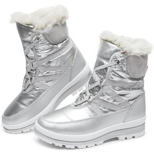 BABUDOG Womens Warm Fur Lined Mid-Calf Boots Waterproof Winter Snow Boots Non-slip Lace up Combat Boots (Size 9, Silver)