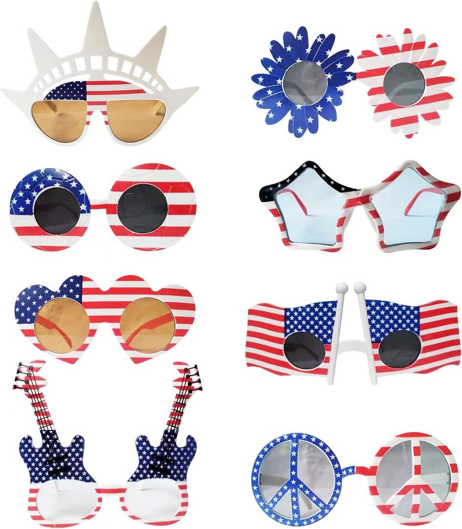 American Flag Glasses 8pcs, Fourth 4th of July Party Accessories, USA Veterans Day decoration Memorial Day Patriotic Party Favors, Red White and Blue Photo Booth Props