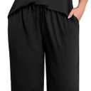 Lastshe Plus Size Womens Pajama Set 2 Piece V Neck Short Sleeve Capri Pants Loungewear Pjs Lounge Set Knit Soft with Pockets (Black, L)
