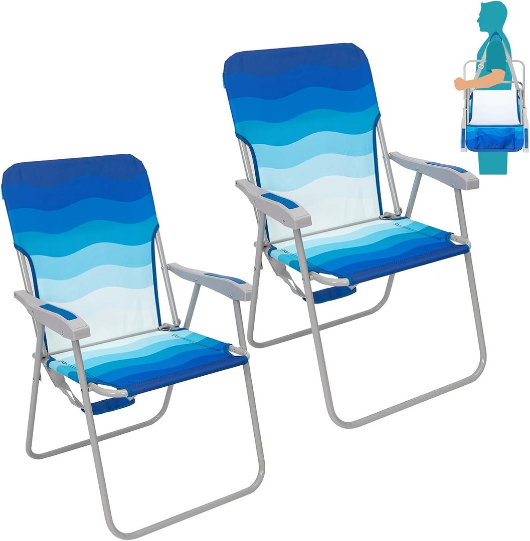 #WEJOY Folding Beach Chair for Adults, Lightweight Beach Chair with Shoulder Straps, High Back Beach Chairs with Hard Armrest, Supports 300lbs for Beach Lawn Concert (#C 2 Pack Dark Blue White)