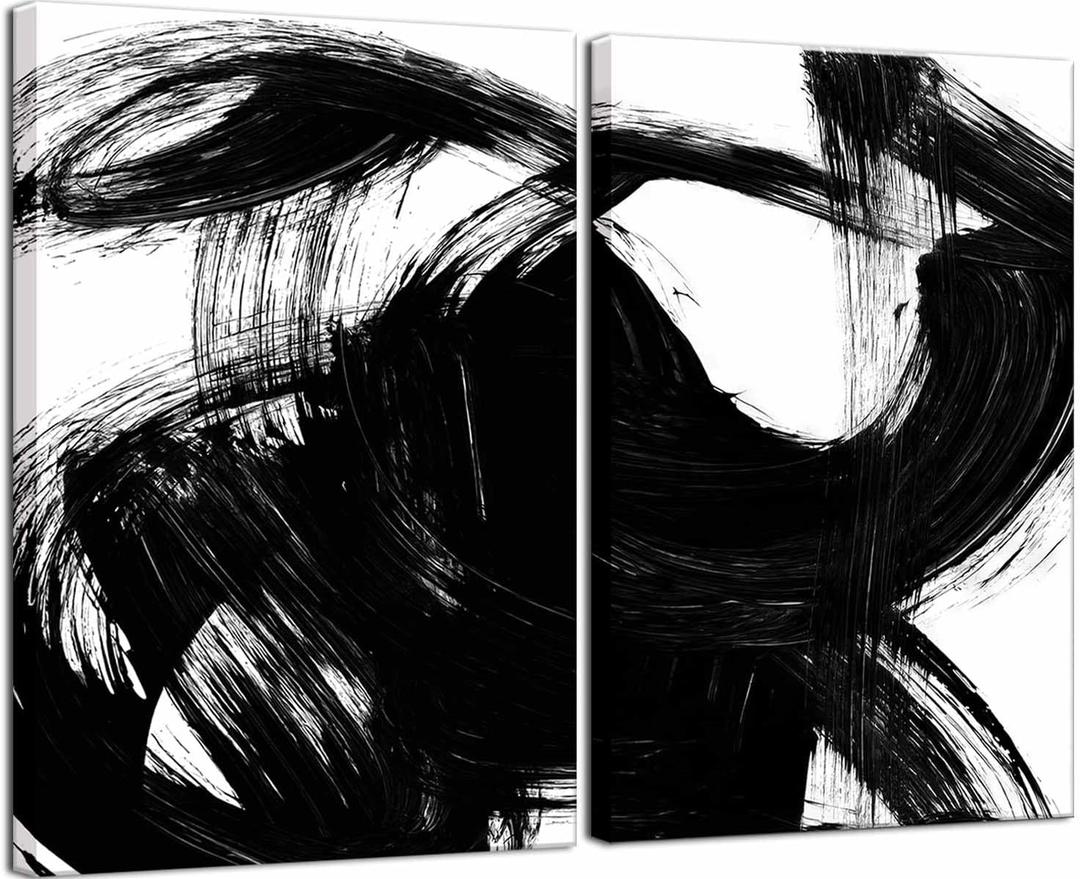 2Pcs Framed Abstract Black and White Canvas Wall Art Minimalist Brushstroke Line Prints Modern Home Gallery Style Painting Posters Picture Bedroom Living Room Office 24x16 Inch Ready to Hang
