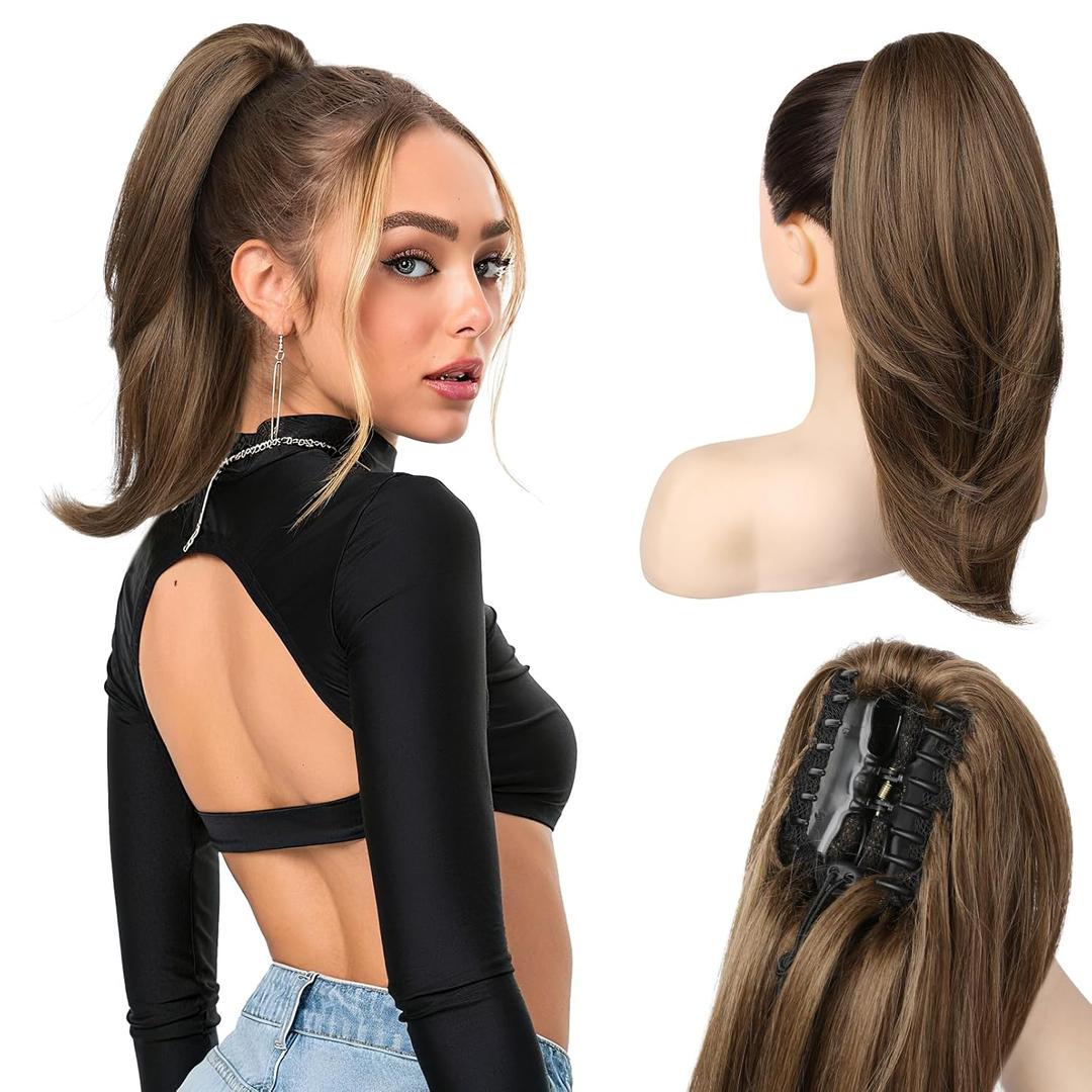 NTYNTY Ponytail Extension 16" Claw Clip in Ponytail Hair Extensions Natural Soft Synthetic High Pony Tail Hairpieces for Women (Light Brown, 16 inch)