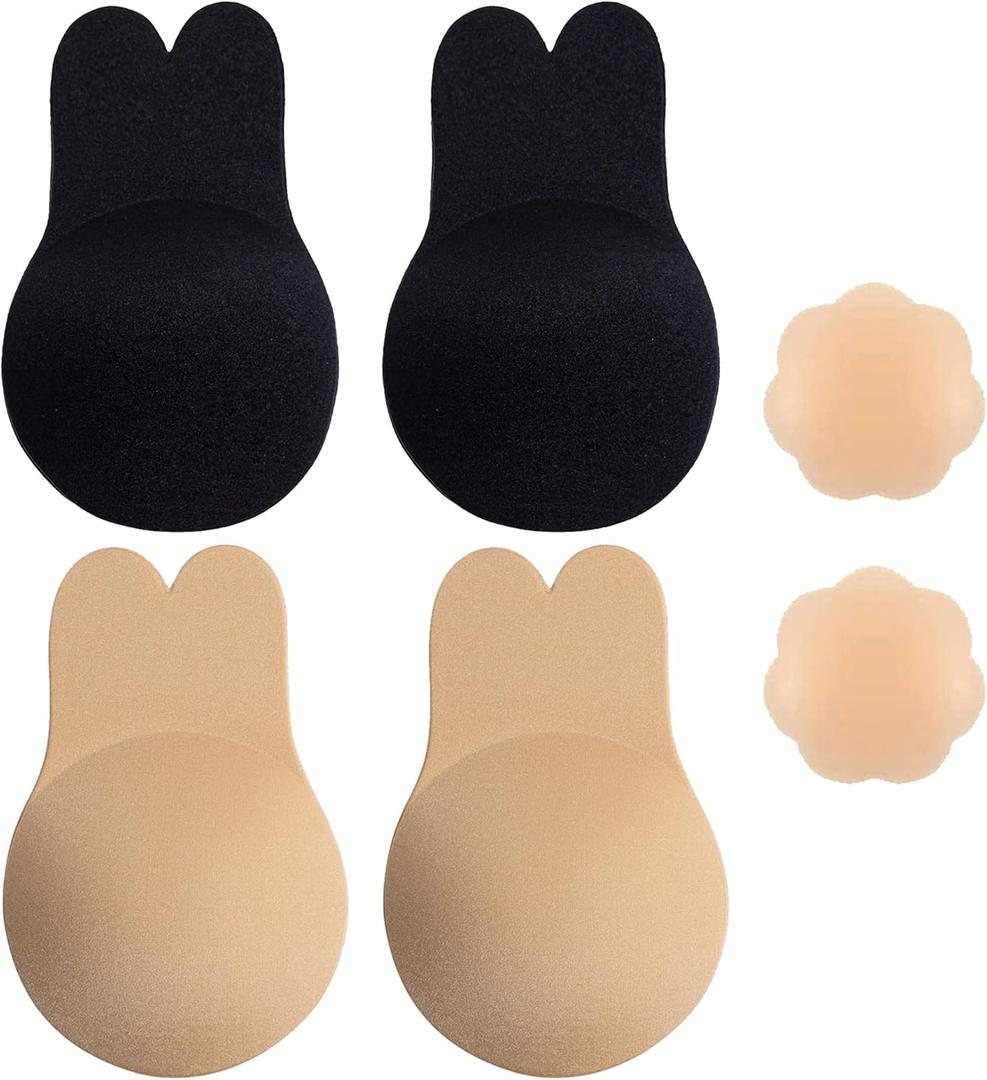 BHDUDF Sticky Bra Strapless Sticky Invisible Push up Silicone Bra for Backless Dress with Nipple Covers Adhesive Bras(A&B Cup) (Black&nude)