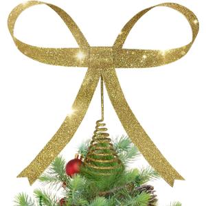 HUTHDAK Large Glitter Gold Bow Christmas Tree Topper,9.4 Inch Metal Tree Topper,Gold Bow Christmas Decorations for Xmas Home Decor Holiday Party Indoor Outdoor Shop Office