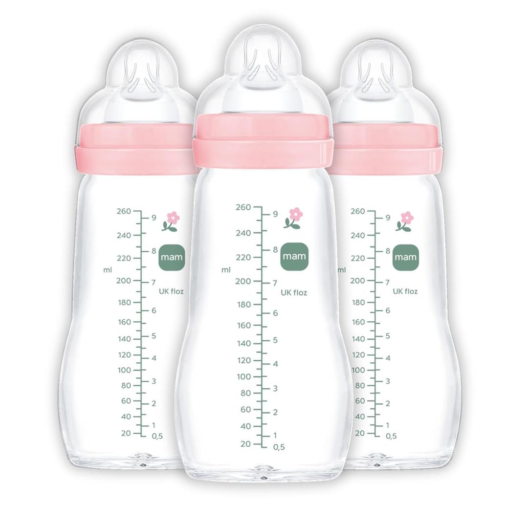 MAM Premium Glass Baby Bottles, Easy Switch Between Breast and Bottle, Feel Good Medium Flow, Newborn Essentials Must Have, 2+ Months, BPA Free, 9oz, Girl, 3 Pack (Pink)