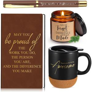 4 Pcs Thank You Gift Set for Men Women Employee Coworker Gifts Inspirational Appreciation Notebook Coffee Mug Scented Candle Pen for Valentine's Day Team Office Staff Teacher Nurse Volunteer (Brown)