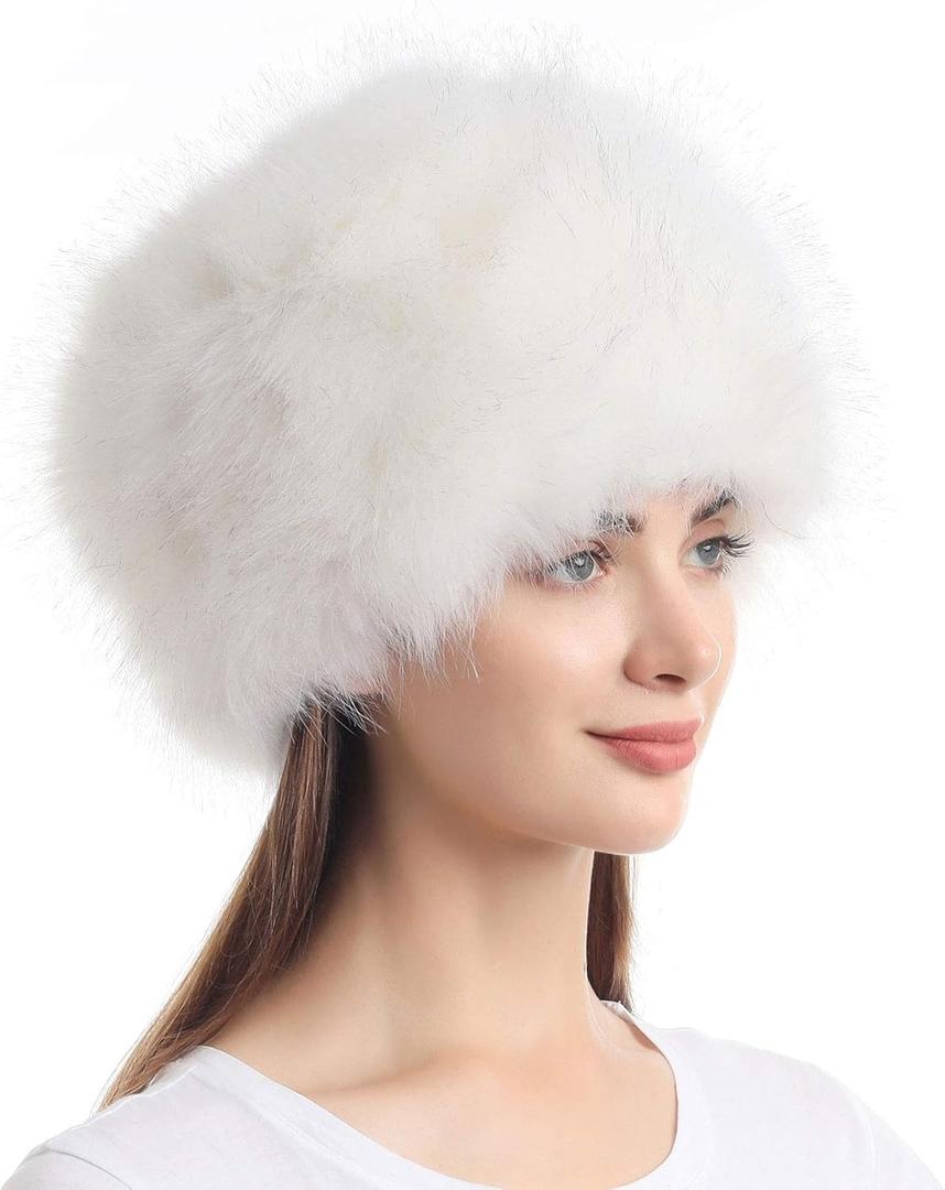 LA CARRIE Women's Faux Fur Hat for Winter with Stretch Cossack Russian Style White Warm Cap