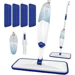 HOMTOYOU Microfiber Flat Mop with Sprayer: Spray Mop with 4 Washable Pads for Cleaning Multi-Surface Floors - 1Pcs 400+ML Refillable Bottle (White Blue)