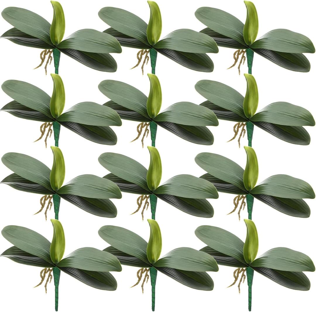 12 Pcs Faux Phalaenopsis Orchids Leaves Artificial Orchids Leaves 9 Inch Green Leaf Plants Green Faux Leaf Latex Cymbidium Stems for Flowers Arrangements Pot Decor