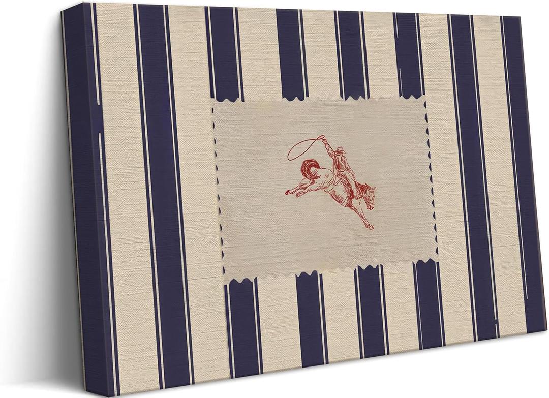 Vintage Striped Rodeo Canvas Wall Art Western Cowboy Rustic Country Retro Horse Painting Picture Wall Decor Mid Century Wild West Farmhouse Poster Artwork for Living Room Bedroom Decorate,Framed (24L''x16W'', Blue lines-Framed)