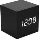 Lancoon Wooden Alarm Clock - Mini Cube LED Digital Clock with Time/Date/Temperature Display, 3 Levels Brightness and Voice Control Great for Home Office Travel - AC10Black_White