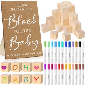 Tatuo 75 Pcs Baby Shower Games Sign Kit Including Decorate a Block Game Sign 50 DIY Wooden Block 24 Acrylic Paint Marker Baby Shower Prize for Gender Reveal Party(Kraft)