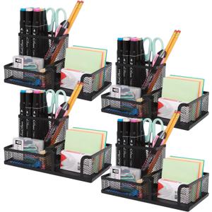 Ludato 4 Pieces 3 Compartments Mesh Pen Holder Desk Organizers Caddy and Accessories for Desk,Black Pencil Holder,Sticky Notes Holder for Home,Office and School