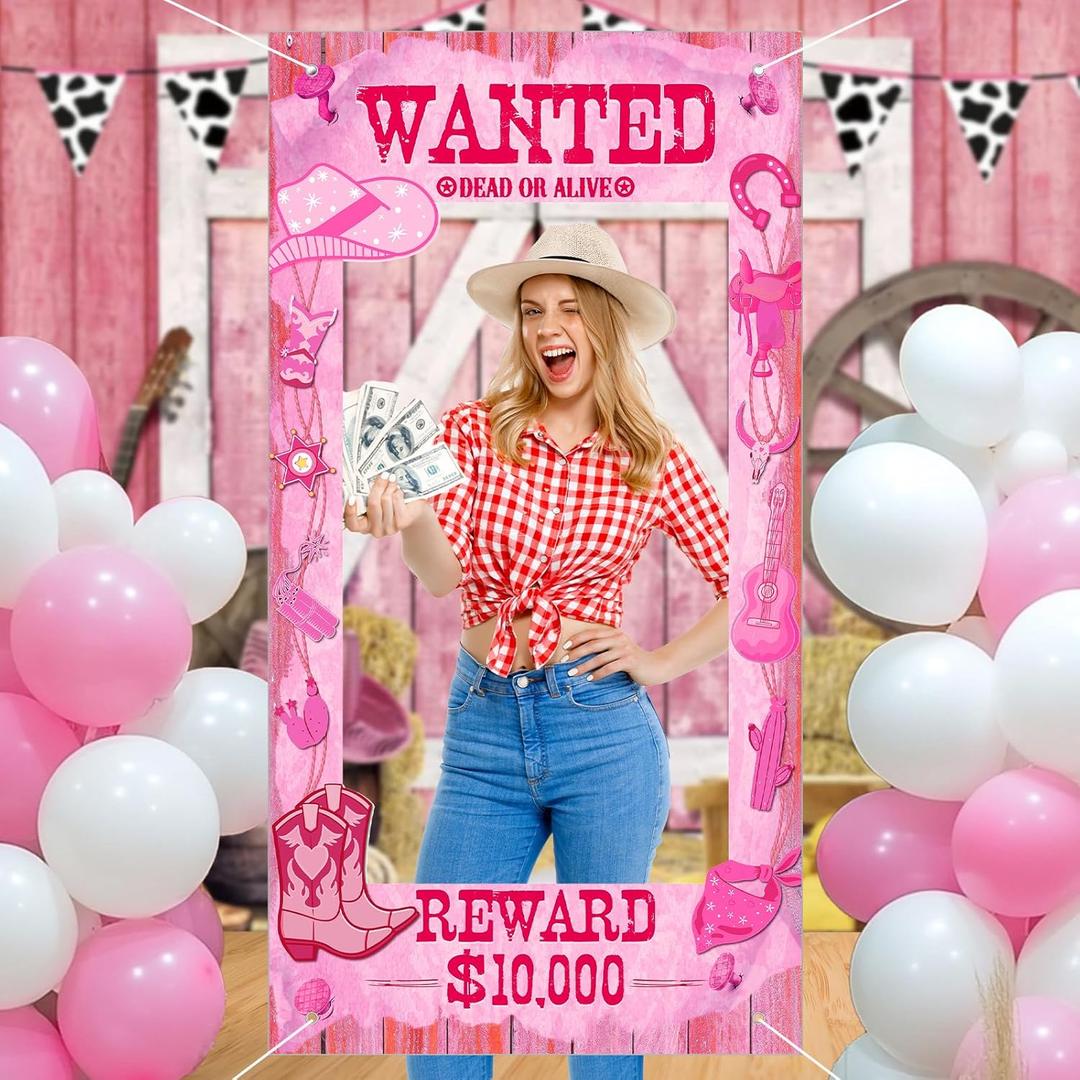 Large Cowgirl Party Decorations Pink Western Wanted Photo Banner Fun Frame Banner West Wanted Photo Booth Prop Wild Western Selfie Banner for Wild West Birthday Games Party Decoration Supplies (Pink 1)